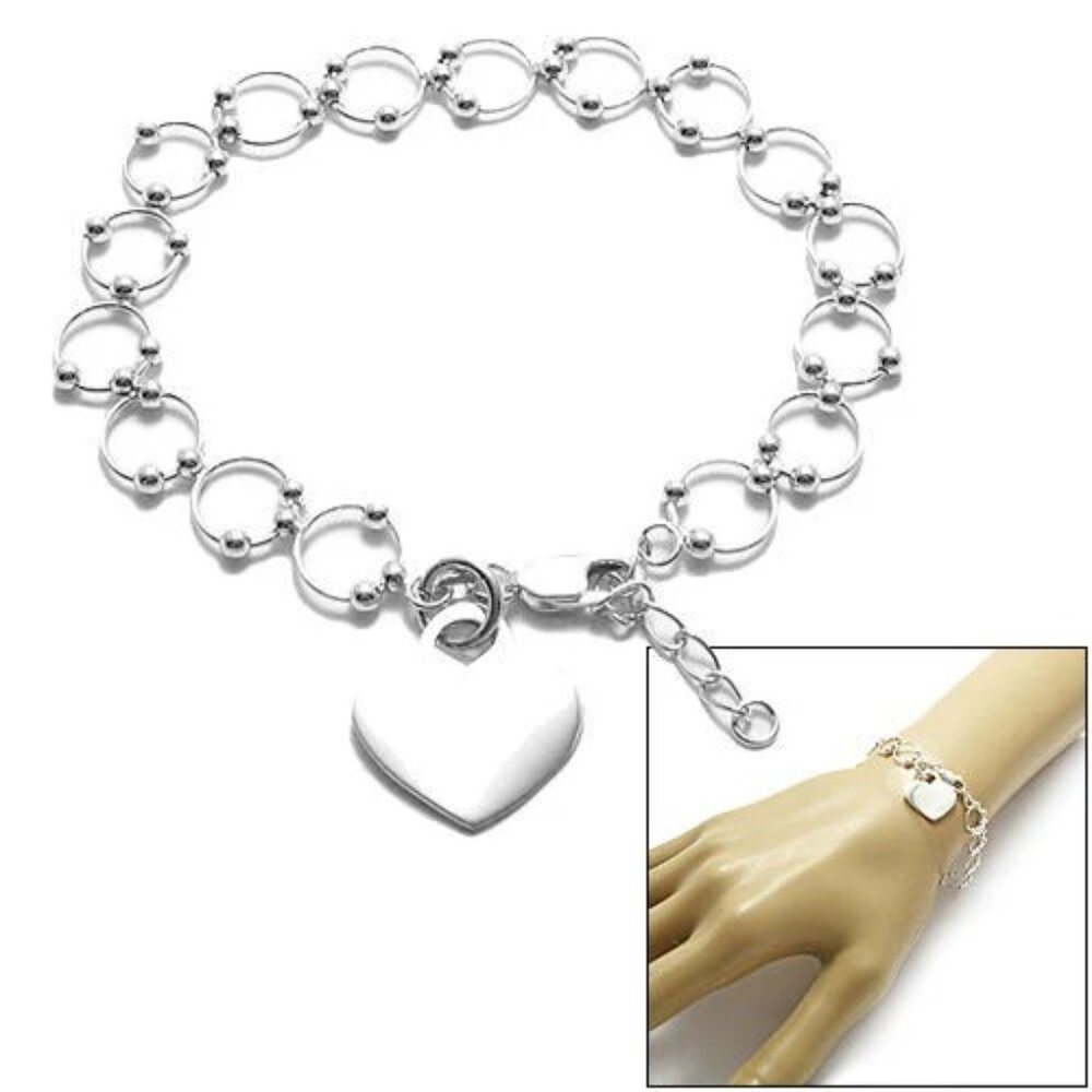BEAUTIFUL STERLING SILVER ROUND BEADED LINKS BRACELET WITH ENGRAVABLE HEART TAG